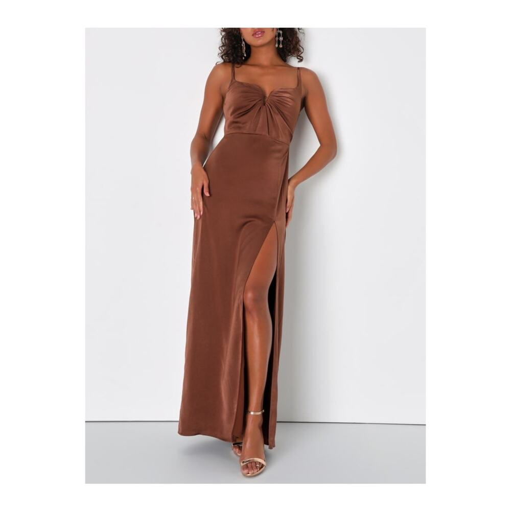 Lulu's Chocolate Brown Satin Twist-Front Maxi Dress with High Slit
